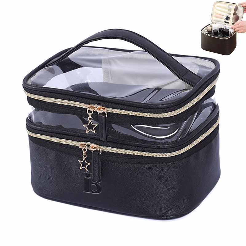PU Leather Black Double Layer Cosmetic Bag