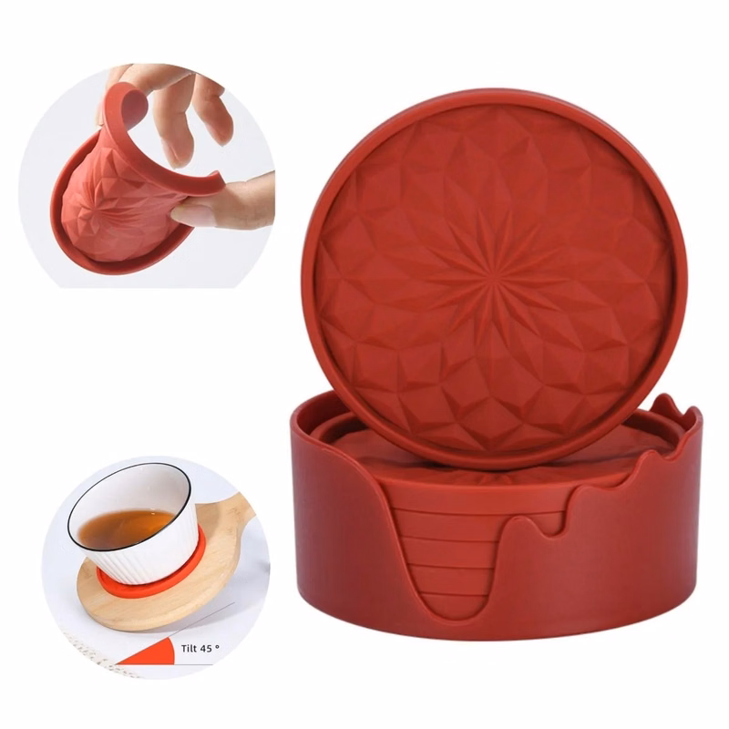 6Pack Silicone Round Coaster with Non-Slip Non-Stick Holder