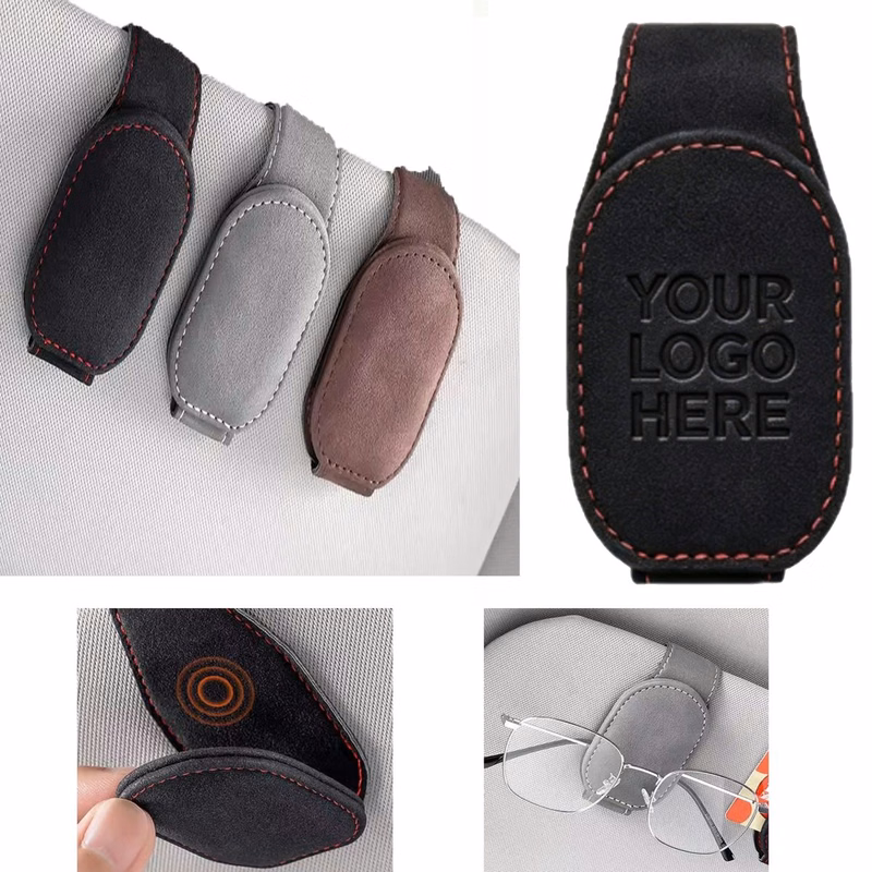 Promotional Car-Mounted Leather Eyewear Clip With Custom Debossed Logo For Auto Gifts