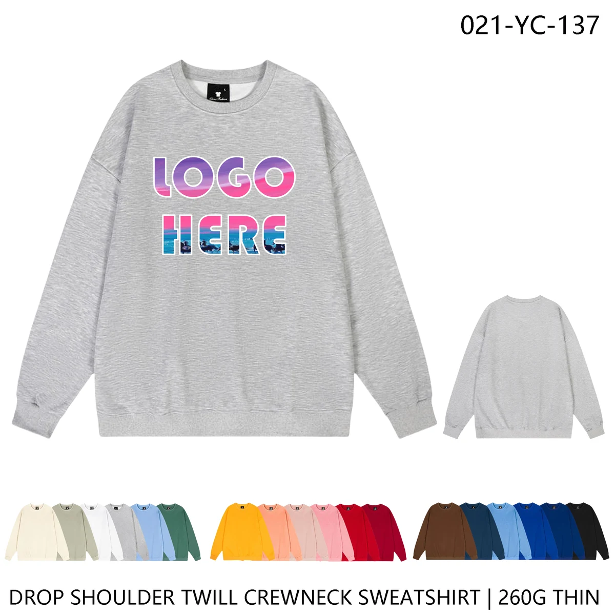 Custom Logo Unisex Drop Shoulder Crewneck Sweatshirt ?C Lightweight Twill, custom hoodie or sweatshirt with logo imprint 1