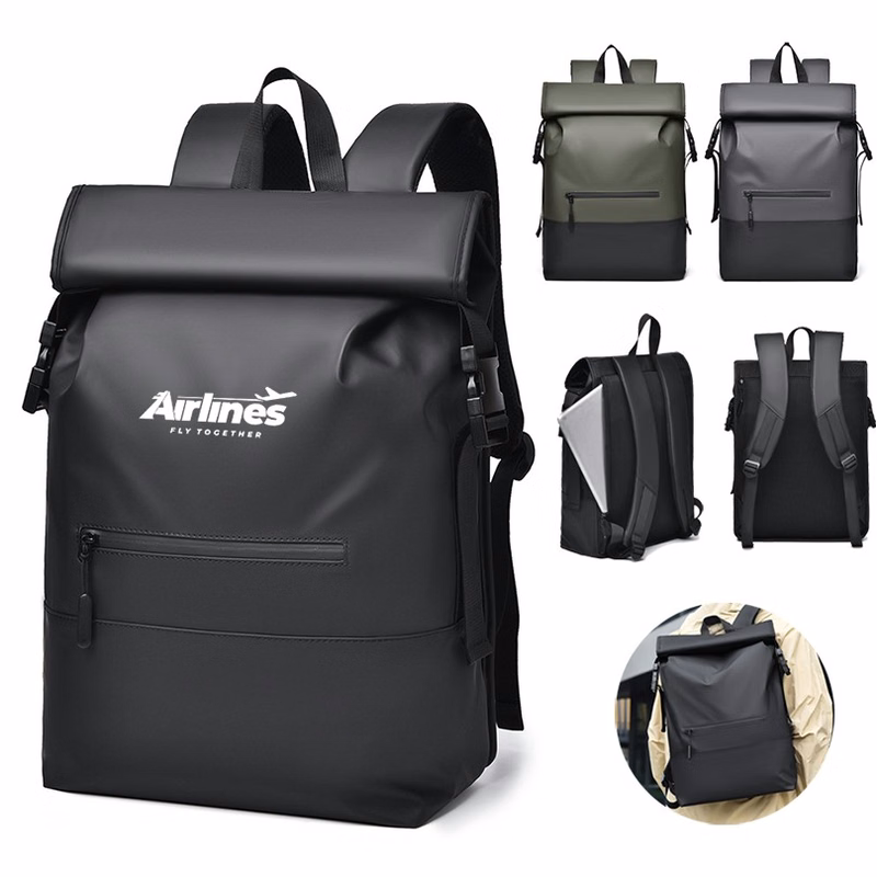Men's Laptop Backpack PU Leather Polyester Casual Roll Top Design