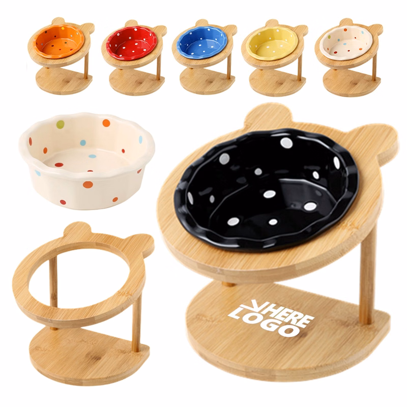 Cute Ceramic Cat Bowls with Wood Stand