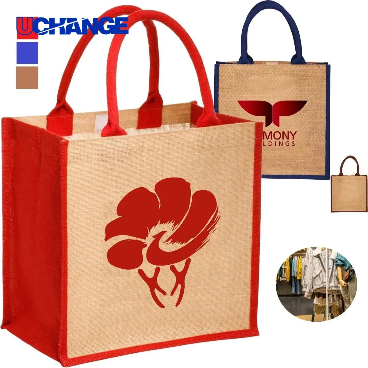 Laminated Jute Tote Bag with Gusset Color-Blocked Retail Carry, custom tote bag with logo imprint 1
