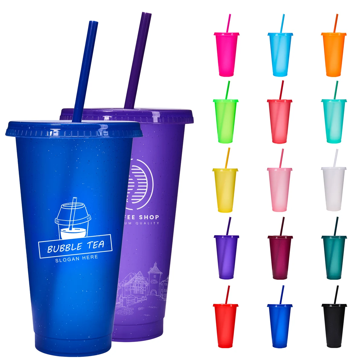 24 Oz Reusable Colorful Glitter Plastic Straw Cup W/ Splash Proof Lid 1
