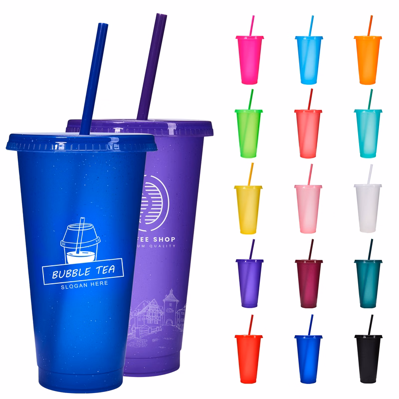 24 Oz Reusable Colorful Glitter Plastic Straw Cup W/ Splash Proof Lid