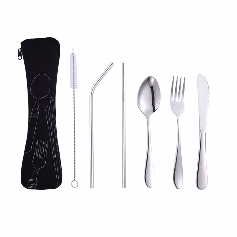 Stainless Knife Fork Spoon Straw Set