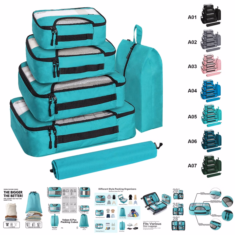 6 Set of Various Colored Packing Cubes in 4 Sizes