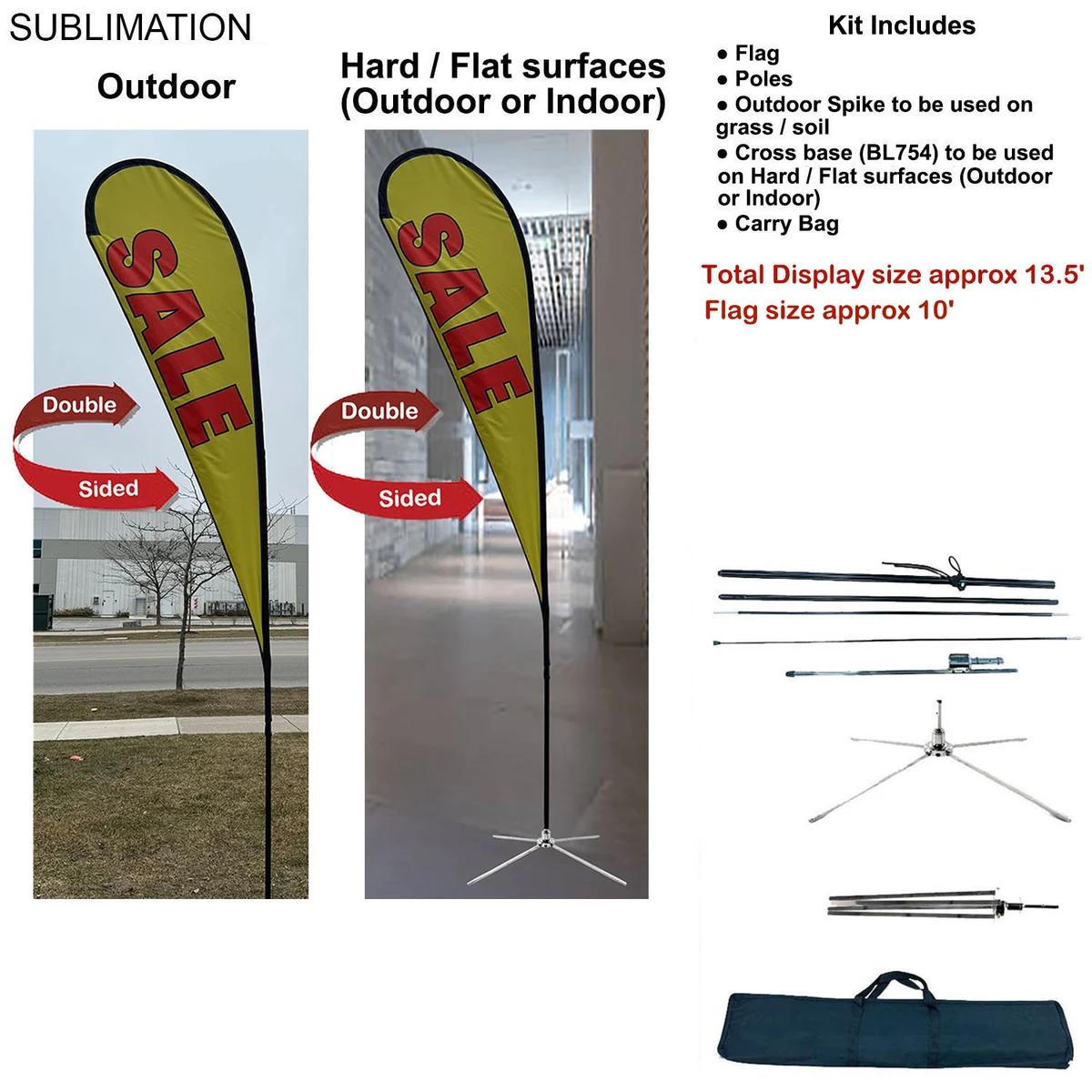 13.5' Large Tear Drop Flag Kit, Full Color Graphics Double Side, Outdoor Spike base, Indoor use 1