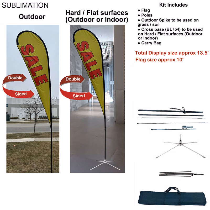 13.5' Large Tear Drop Flag Kit, Full Color Graphics Double Side, Outdoor Spike base, Indoor use