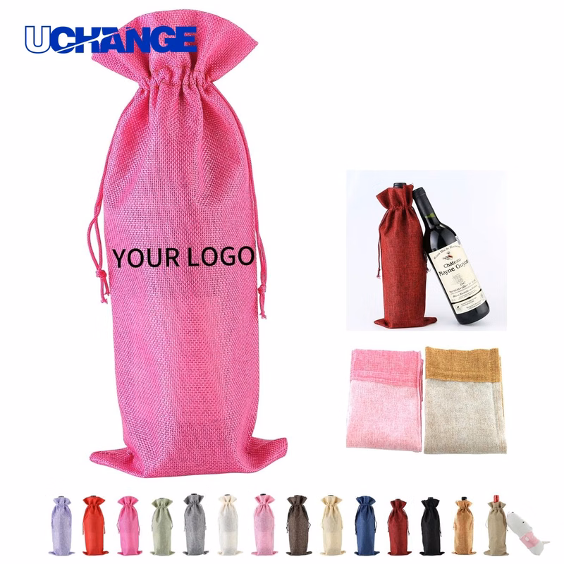 Linen Bottle Holder Wine Drawstring Bag 13.8x6 Inch