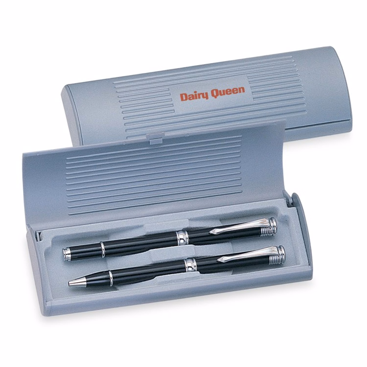 Silver Plastic Flip Case Double Pen Holder- Imprinted