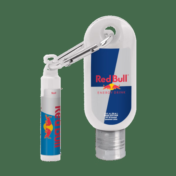Custom 1.9 oz. SPF 50 Sunscreen with Carabiner and SPF 15 Lip Balm in White Tube with Hook Cap
