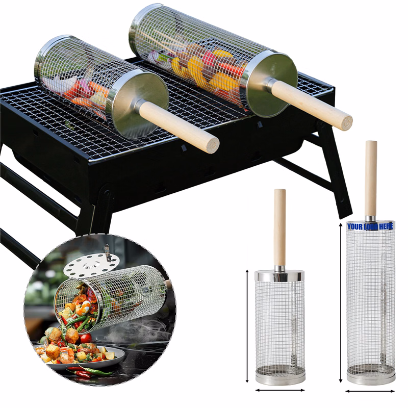 Rolling Grill Basket with Removable Handle