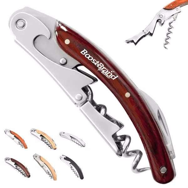 Custom Waiter's Corkscrew with Wood Handle & Foil Cutter — Wine Promo Item