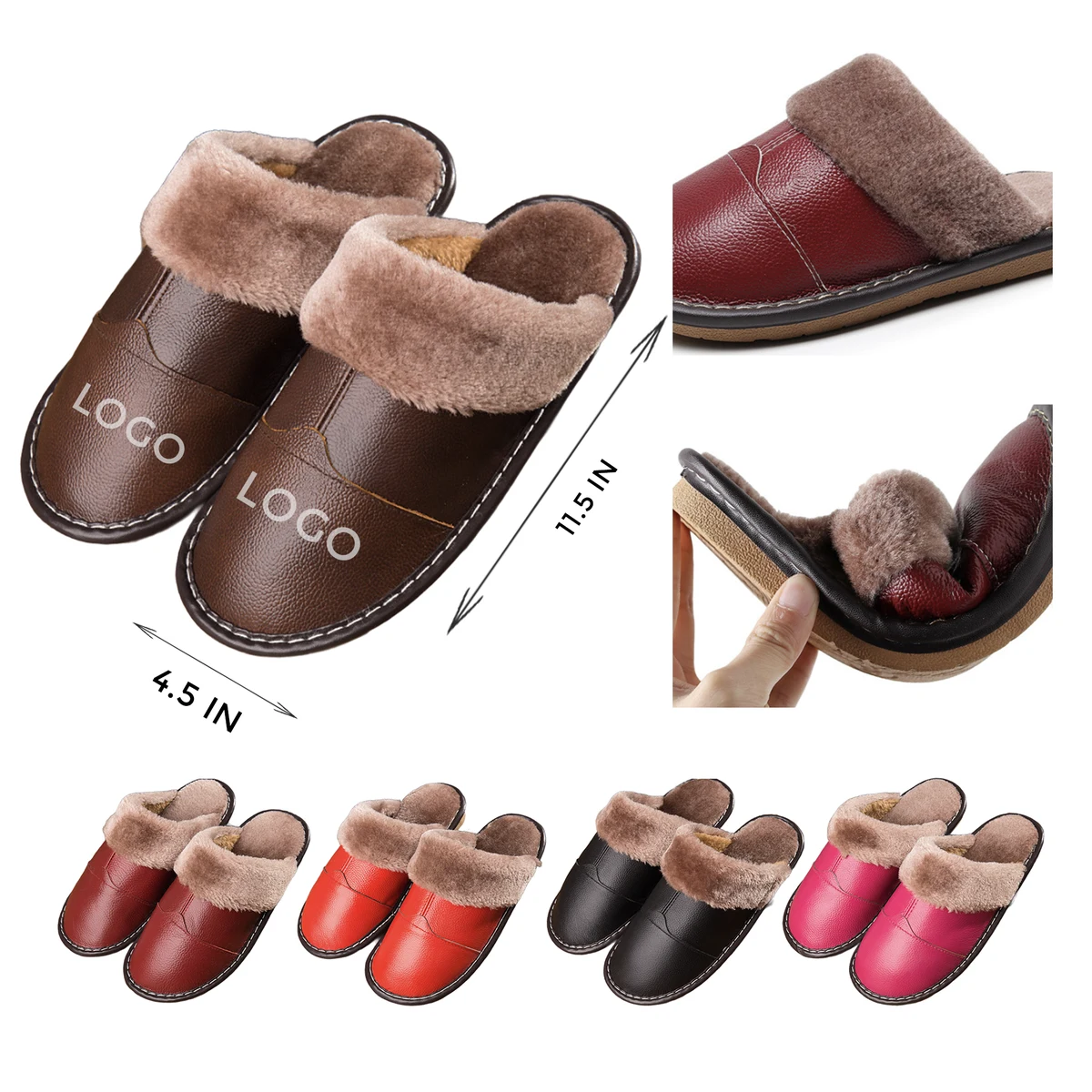 MOQ 10 PCS Stylish Winter Genuine Leather Warm Slippers 1