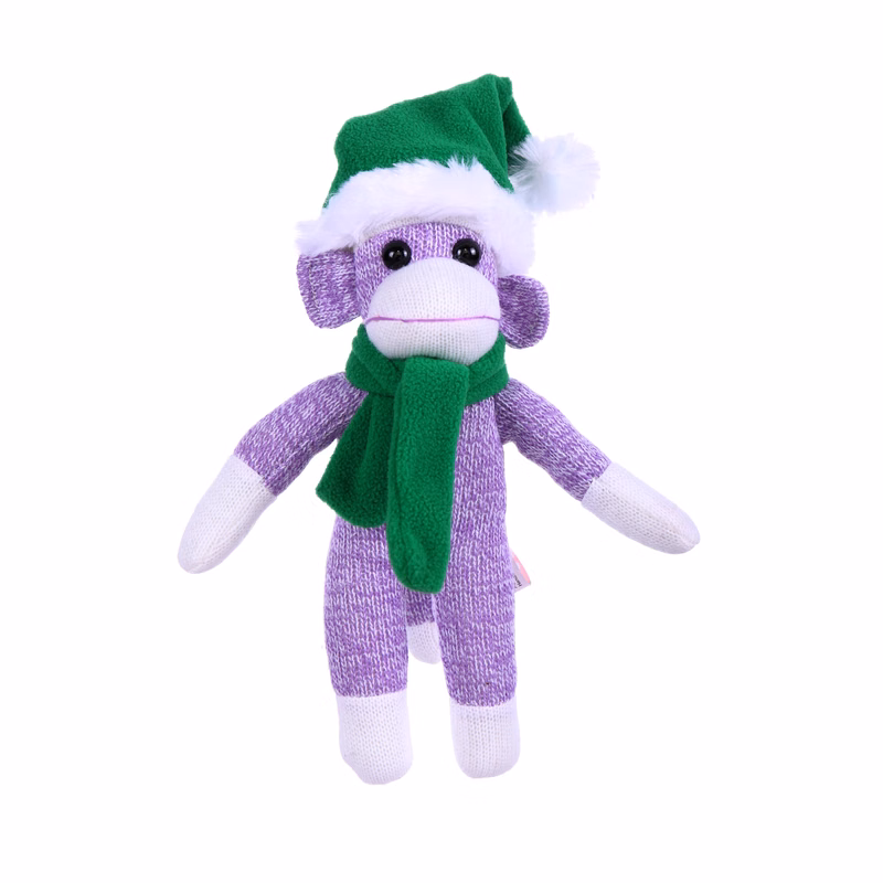 Purple Sock Monkey with Christmas Hat and Scarf