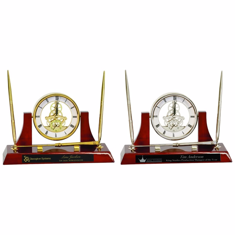 10 1/2" x 6" Executive Piano Finish Clock with 2 Pens/Letter Opener
