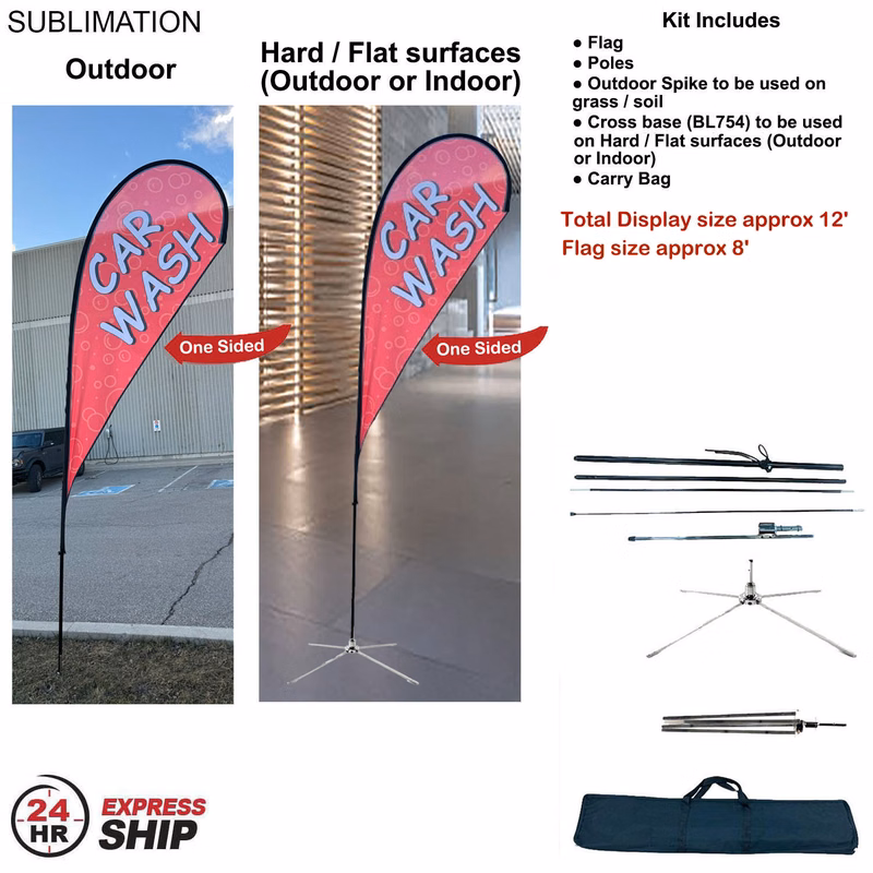 24H Express Ship- 12' Medium Tear Drop Flag Kit, Full Color Graphics One Side, Outdoor & Indoor base
