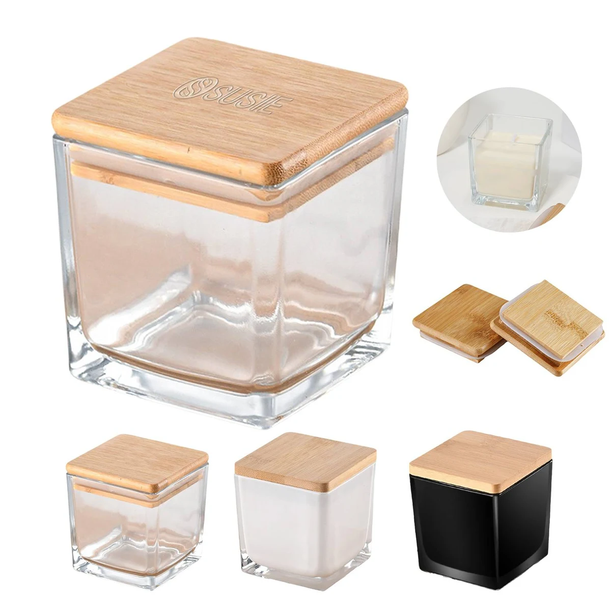 Glass Square Candle Holder w/ Bamboo Lid 1