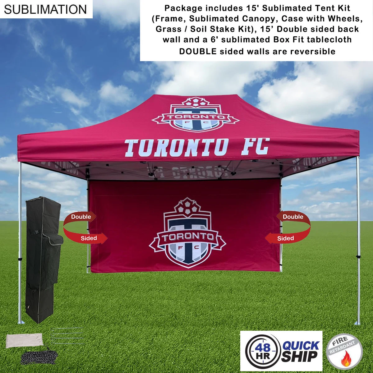 48Hr Quick Ship - Tent Backwall Package 2, 15' Sublimated Tent and 15' Full DOUBLE sided backwall 1