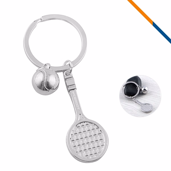 Custom Metal Mini Tennis Keychain with Racket & Ball — Tennis Fan Promo Gift