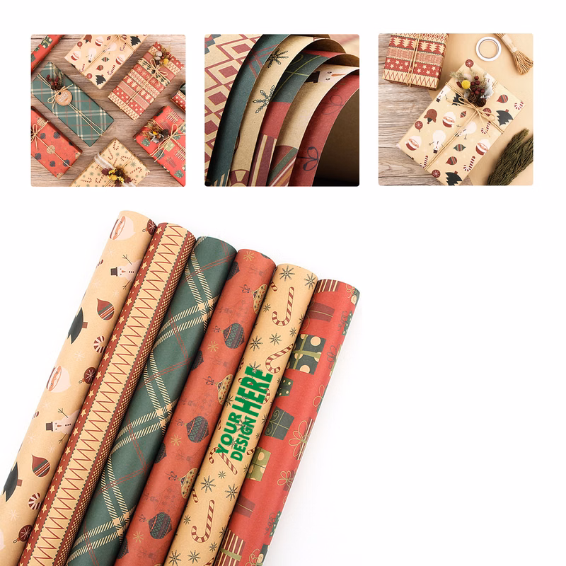 MOQ50 Custom Vintage Christmas Kraft Wrapping Paper Set