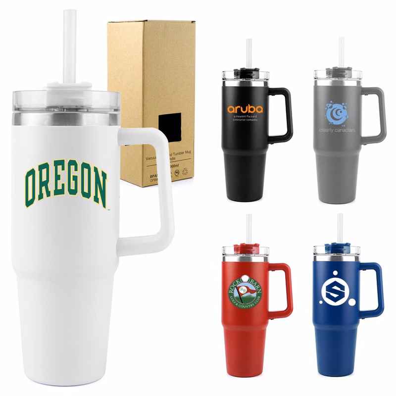 30 oz Vacuum Insulated Stainless Steel Tumbler Mug with Handle Lid and Straw