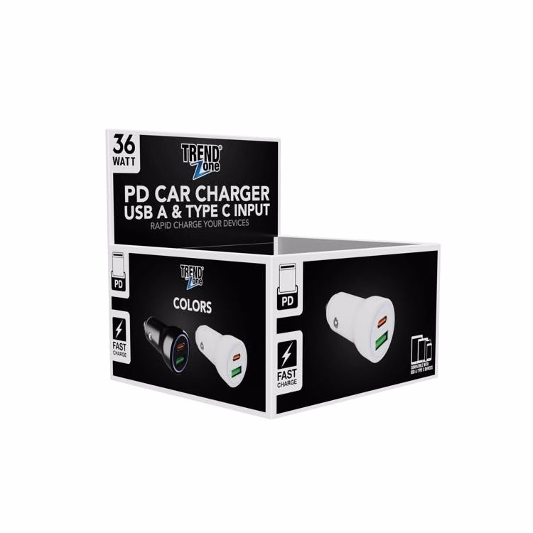 36W PD + USB A Car Chargers - Black/White