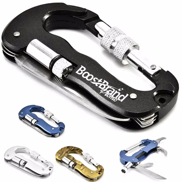 Custom Aluminum Multi-Tool Carabiner with LED and Knife — Outdoor Survival Gear