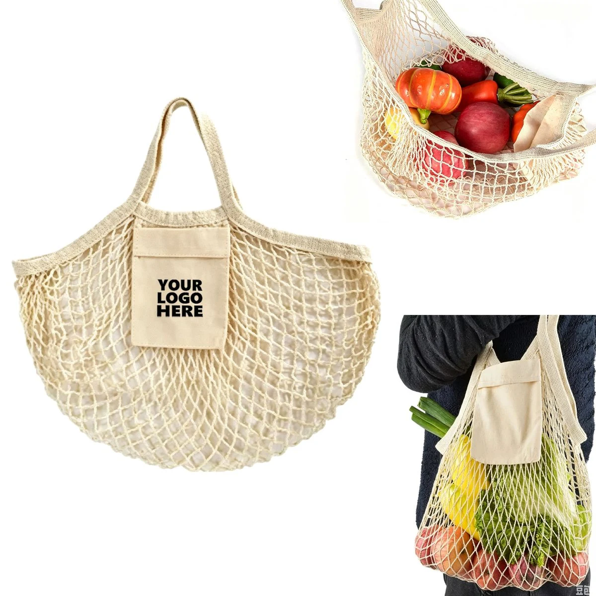 100% Cotton Mesh Produce Carry Pouch, custom tote bag with logo imprint 1