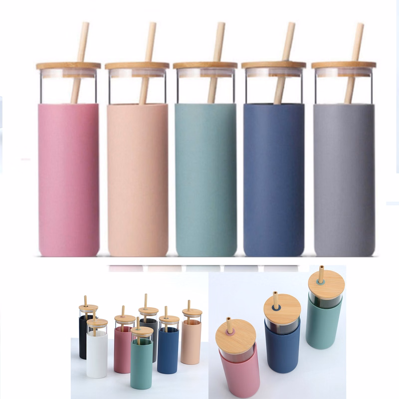 500ML 17 oz Glass Tumblers with Bamboo Lid and Straw