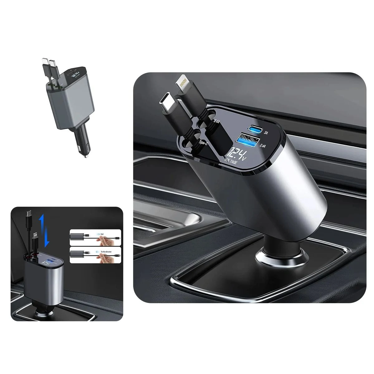 Retractable 4 in1 car fast chargerwith 100W 1