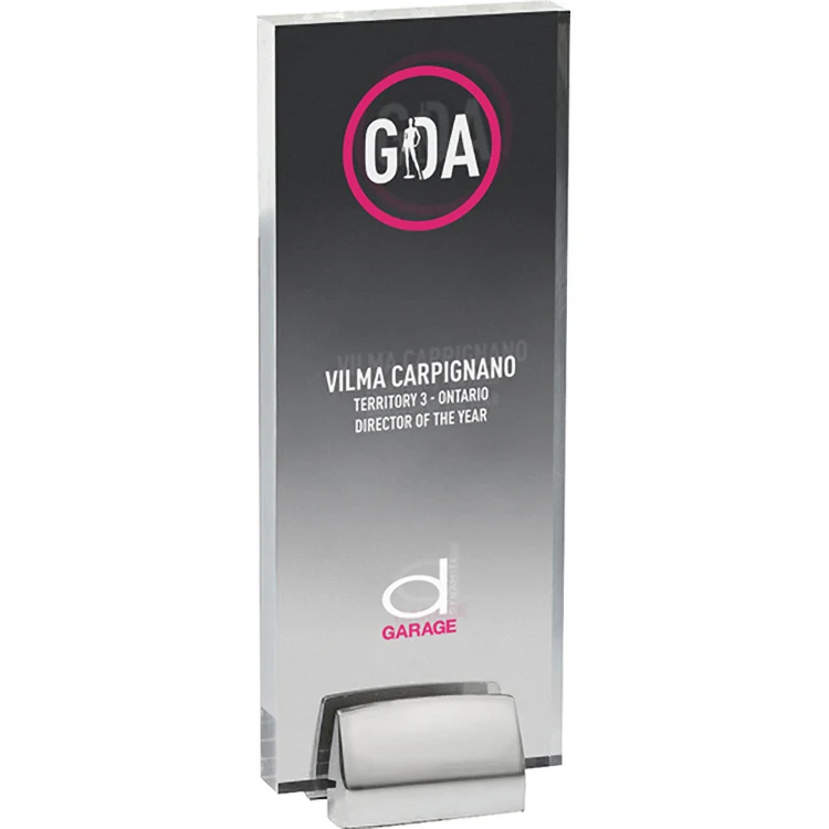 Tall Clear Acrylic Award with Chrome Base (3 1/2"x 9"x 3/4") Screen-Printed Spot Colour 1