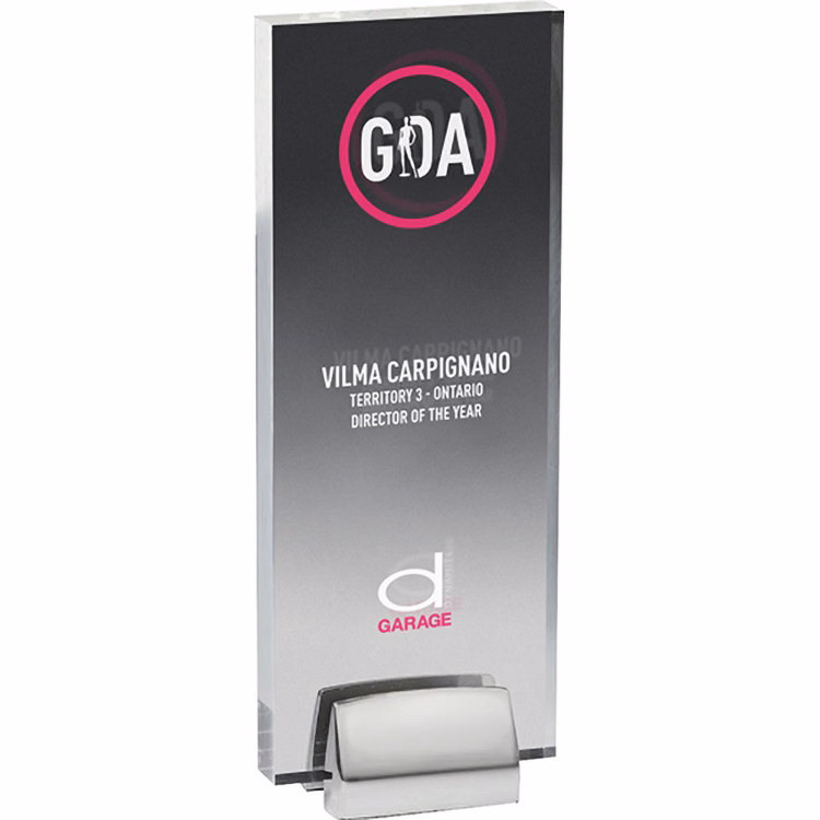 Tall Clear Acrylic Award with Chrome Base (3 1/2"x 9"x 3/4") Screen-Printed Spot Colour
