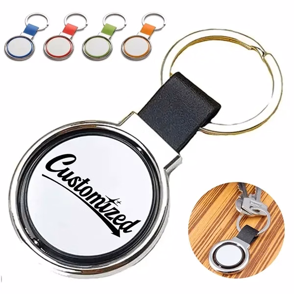 Custom Round Metal Keychain with Leather Strap — Professional Executive Gift