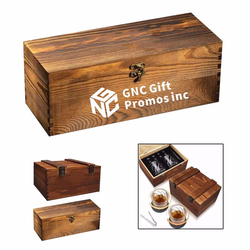 Wooden Box Set with Glass Wine