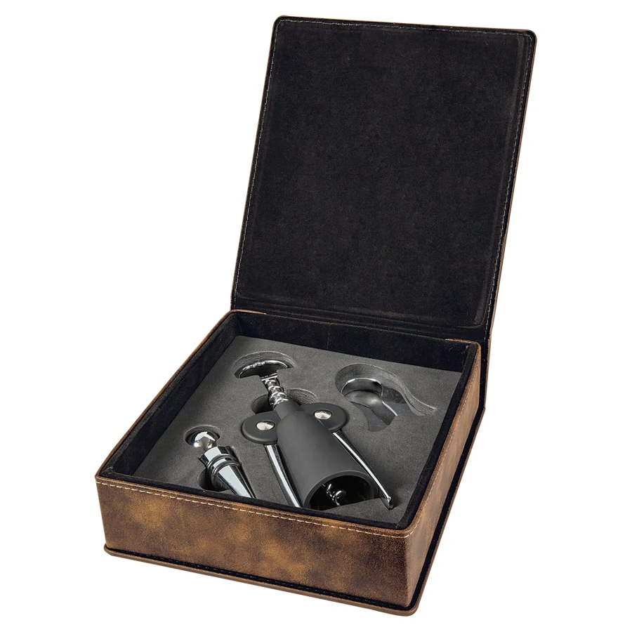 Rustic/Gold Leatherette 3-Piece Wine Tool Gift Set 1