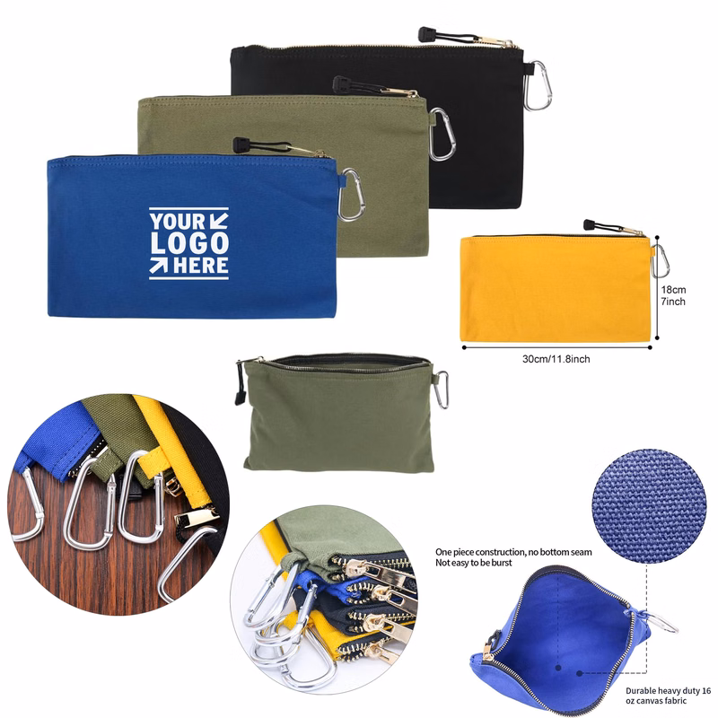 Canvas Zipper Pouch Heavy Duty Sturdy Utility Tool Bag with Tough Metal Carabiner