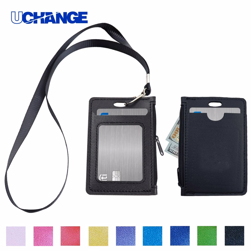PU Leather Card Holder Lanyard with Zipper Pocket