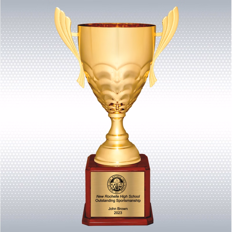 21" Gold Completed Metal Cup Trophy on Rosewood Royal Piano Finish Base