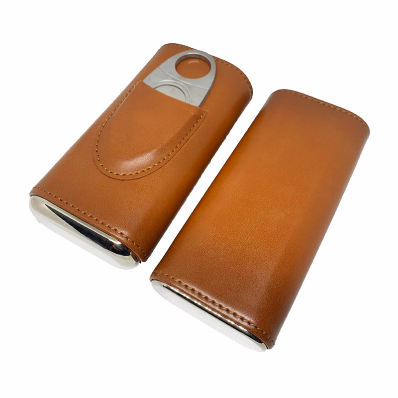 Leather Cigar Case With Silver Stainless Steel Cutter
