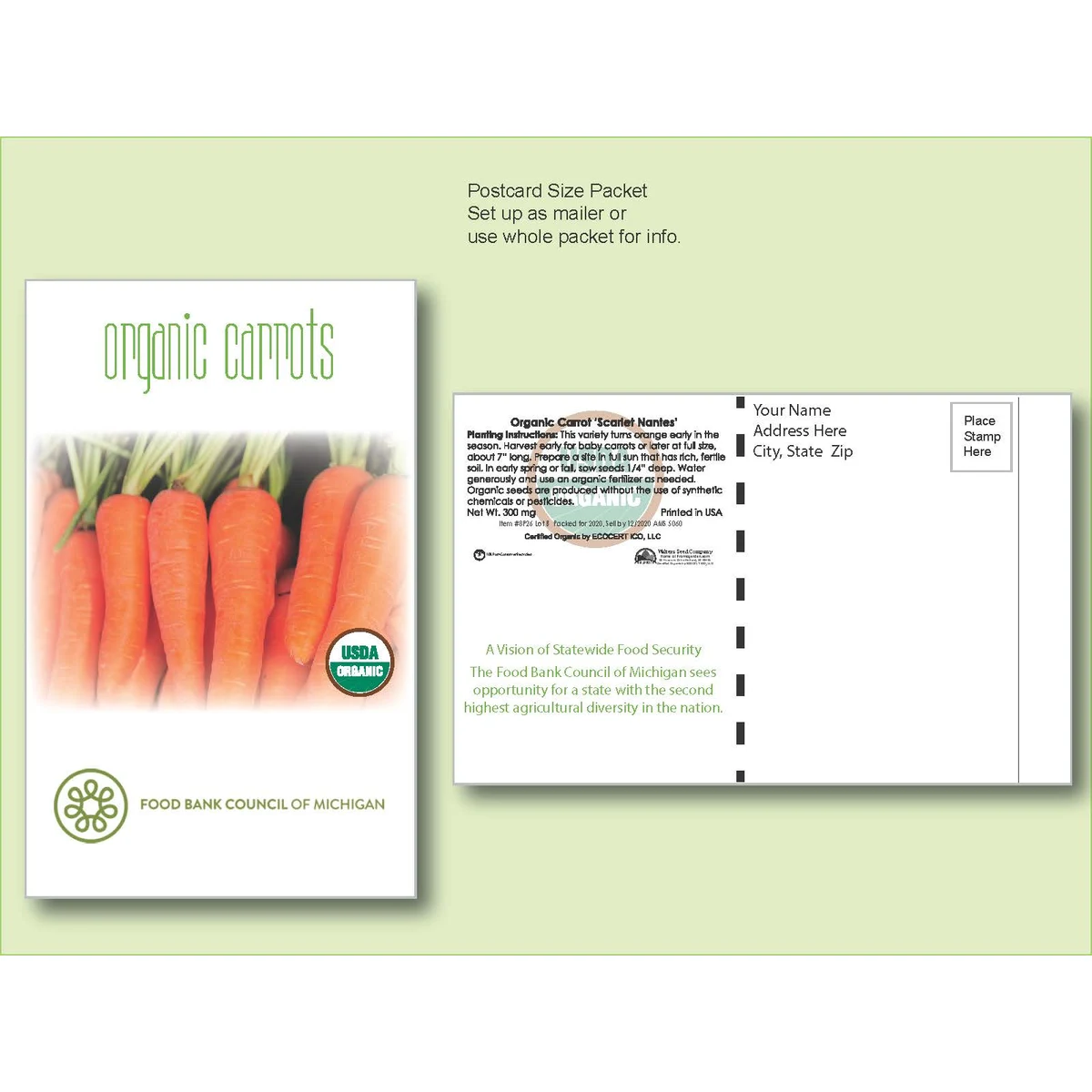 Organic Carrot 'Scarlet Nantes' Seed Packet - Postcard Mailer Size 4" x 6.5" 1