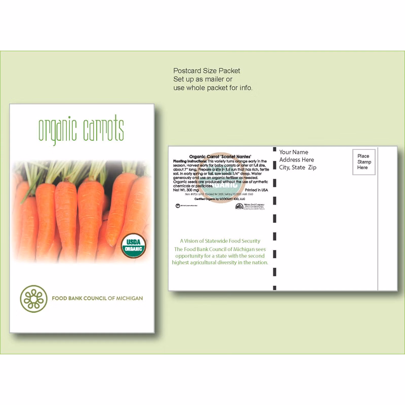 Organic Carrot 'Scarlet Nantes' Seed Packet - Postcard Mailer Size 4" x 6.5"