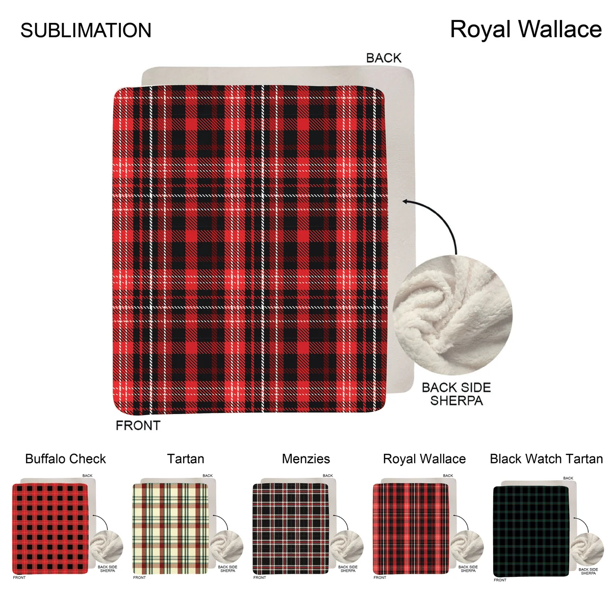 Stock Plaid Design Plush Sherpa Lined Micro Mink Throw, 50"x60", Sublimated 1