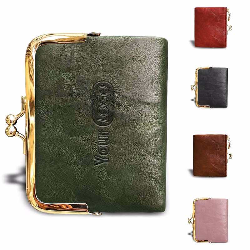 genuine leather Ladies Coin Purse With Zipper and Kiss Lock