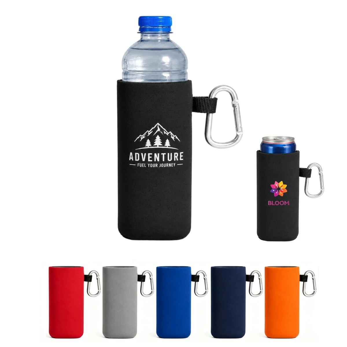Neoprene Water Bottle Cooler with Carabiner Clip, custom koozie with logo imprint 1