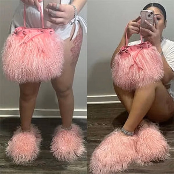 Fluffy Plush Fuzzy Faux Mongolian Slippers Purse Set