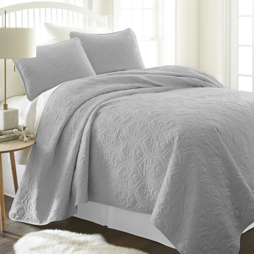 Premium Quilted Coverlet Sets - Gray Twin Damask Pattern 2 Piece 1