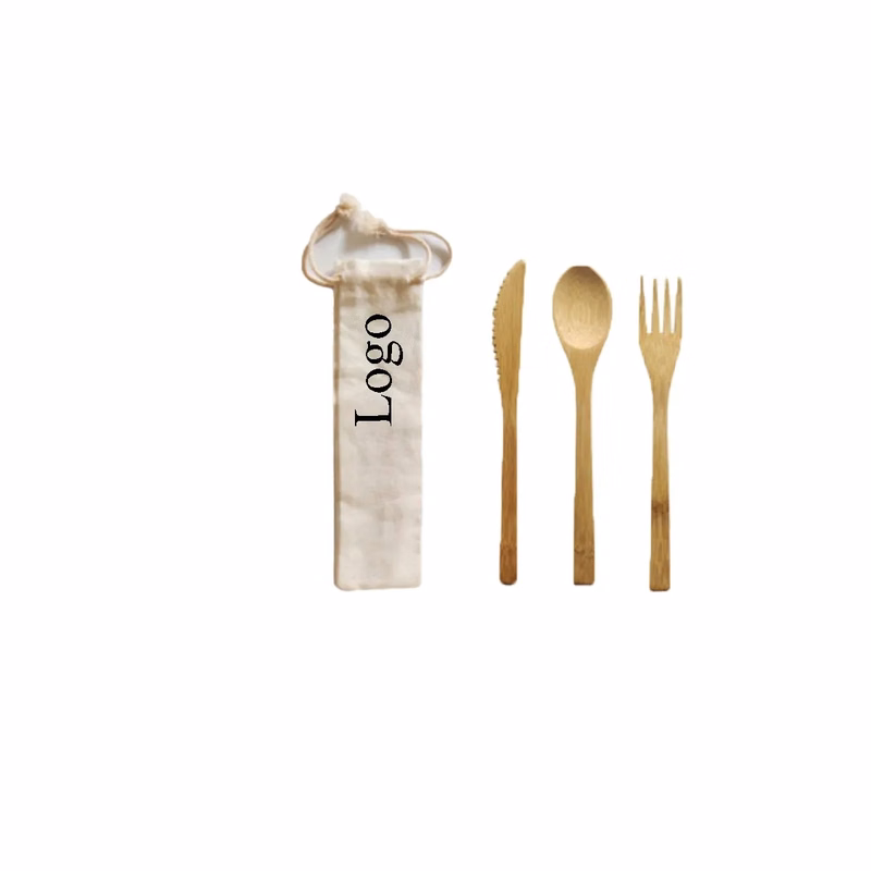 Three-Piece Bamboo Tableware Set With Drawstring Bag