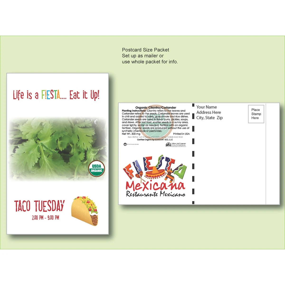 Organic Kale Seed Packet - Postcard Mailer Size 4" x 6.5" 1